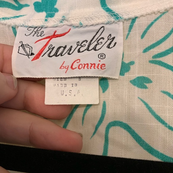 Vtg 70s White and Teal Button Up Dress - Picture 2 of 7